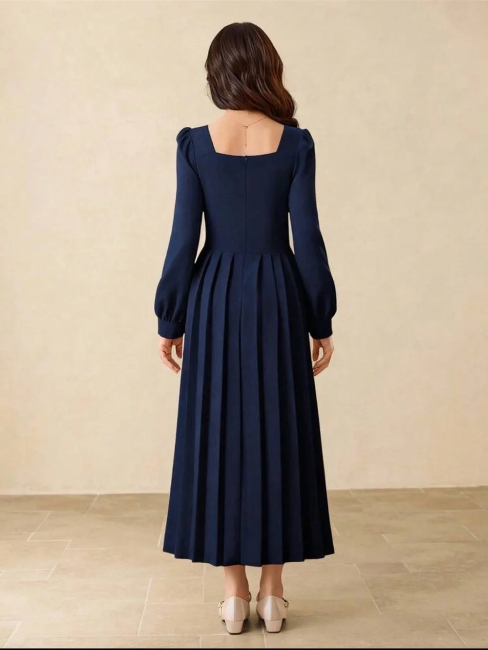 Navy Blue Long Sleeve Pleated Midi Dress Girls Size 14